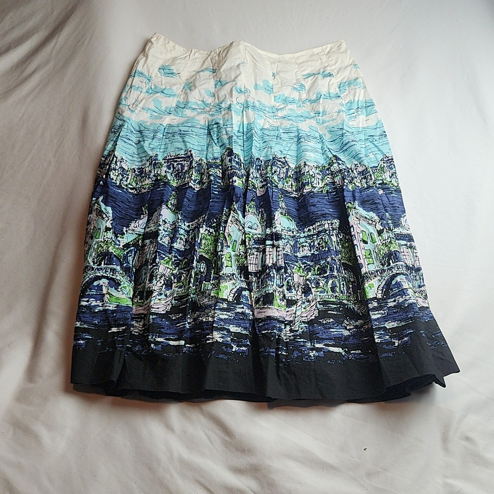 Talbots Pleated A-Line Midi Skirt City Print Women's Size 6